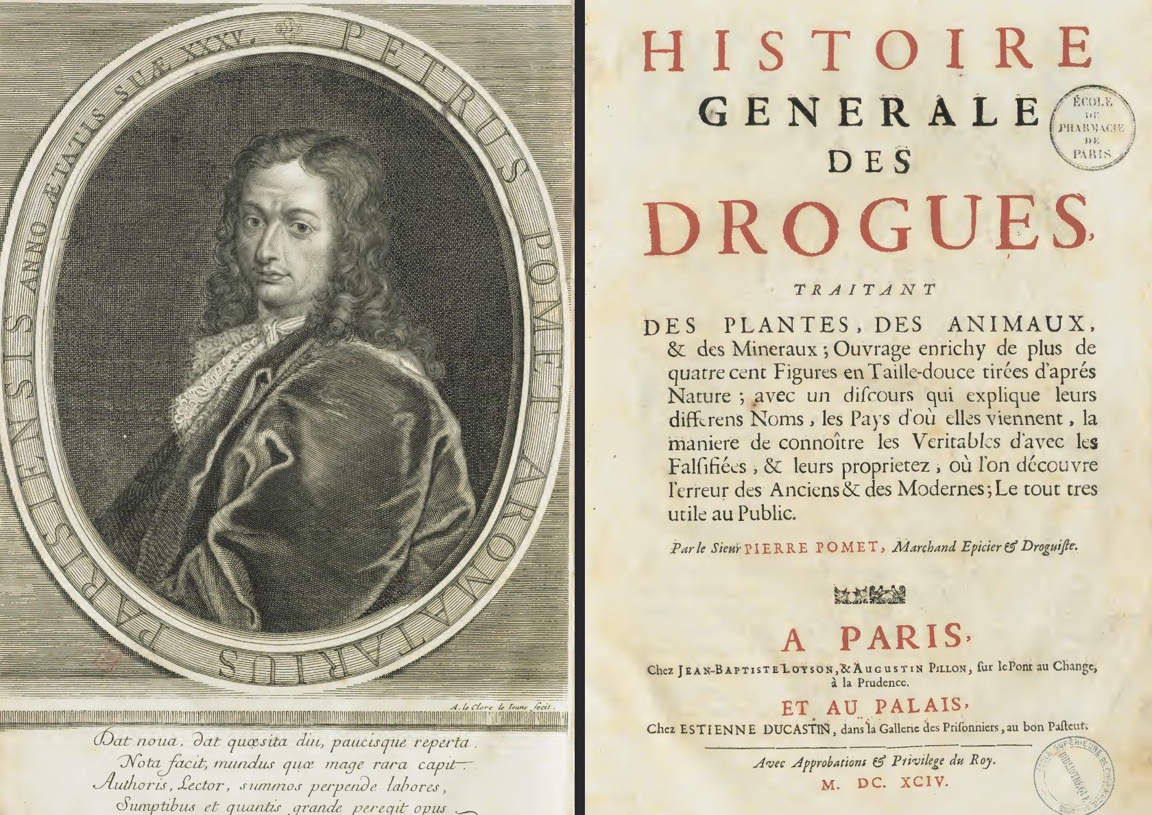 Pierre Pomet — portrait et page de titre de l'Histoire générale des drogues, Paris 1694