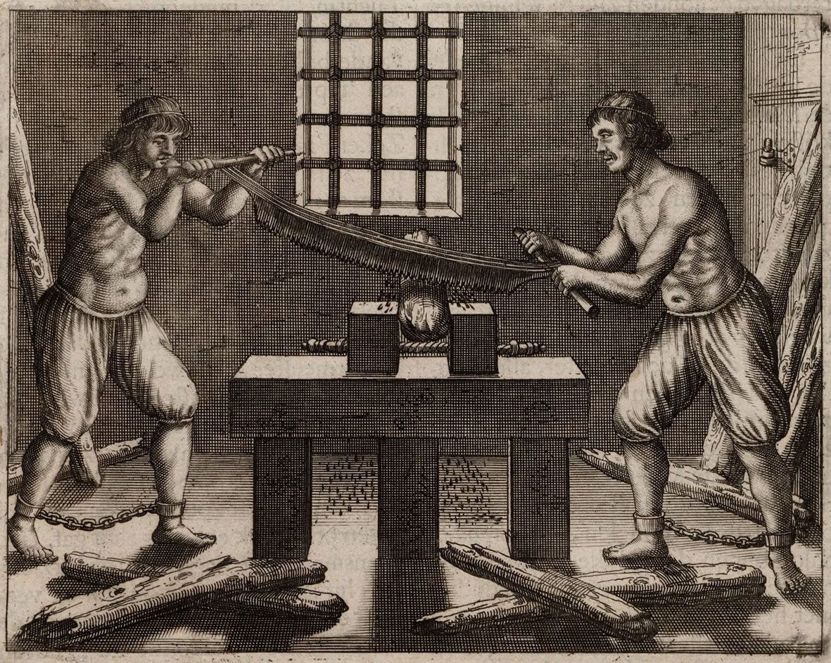 Prisonniers sciant du bois au Rasphuis, gravure XVIIe siècle