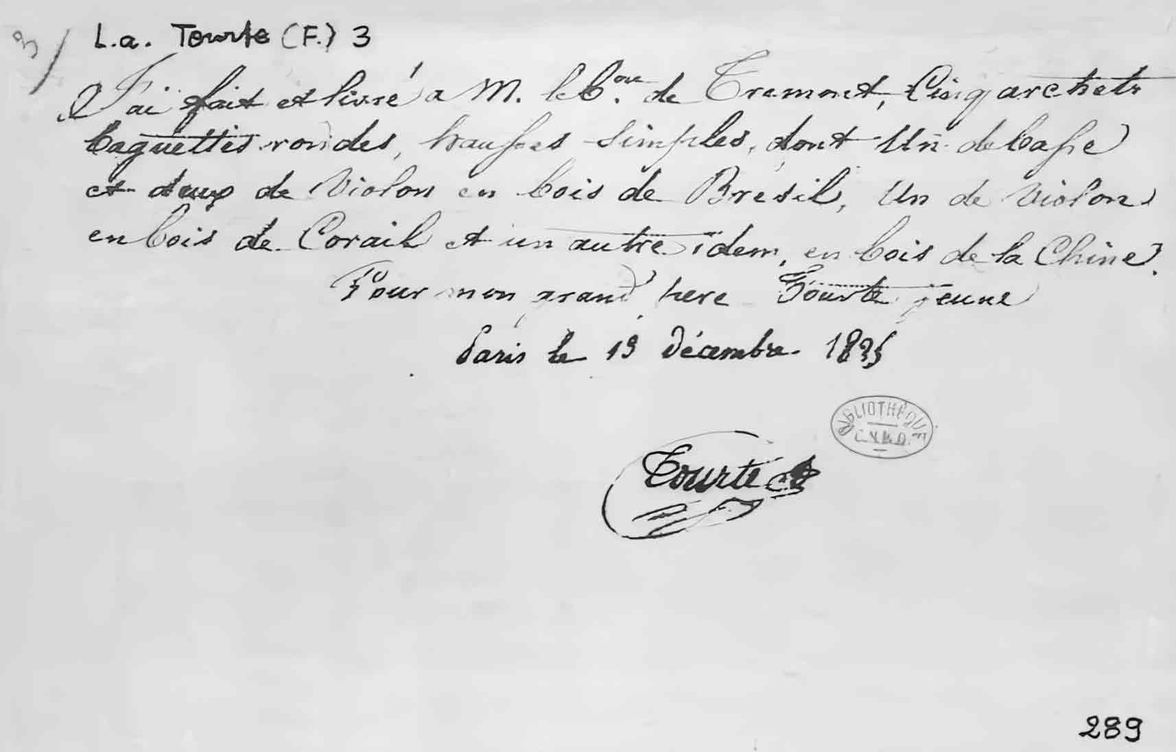 Reçu Henry Tourte, 13 décembre 1825